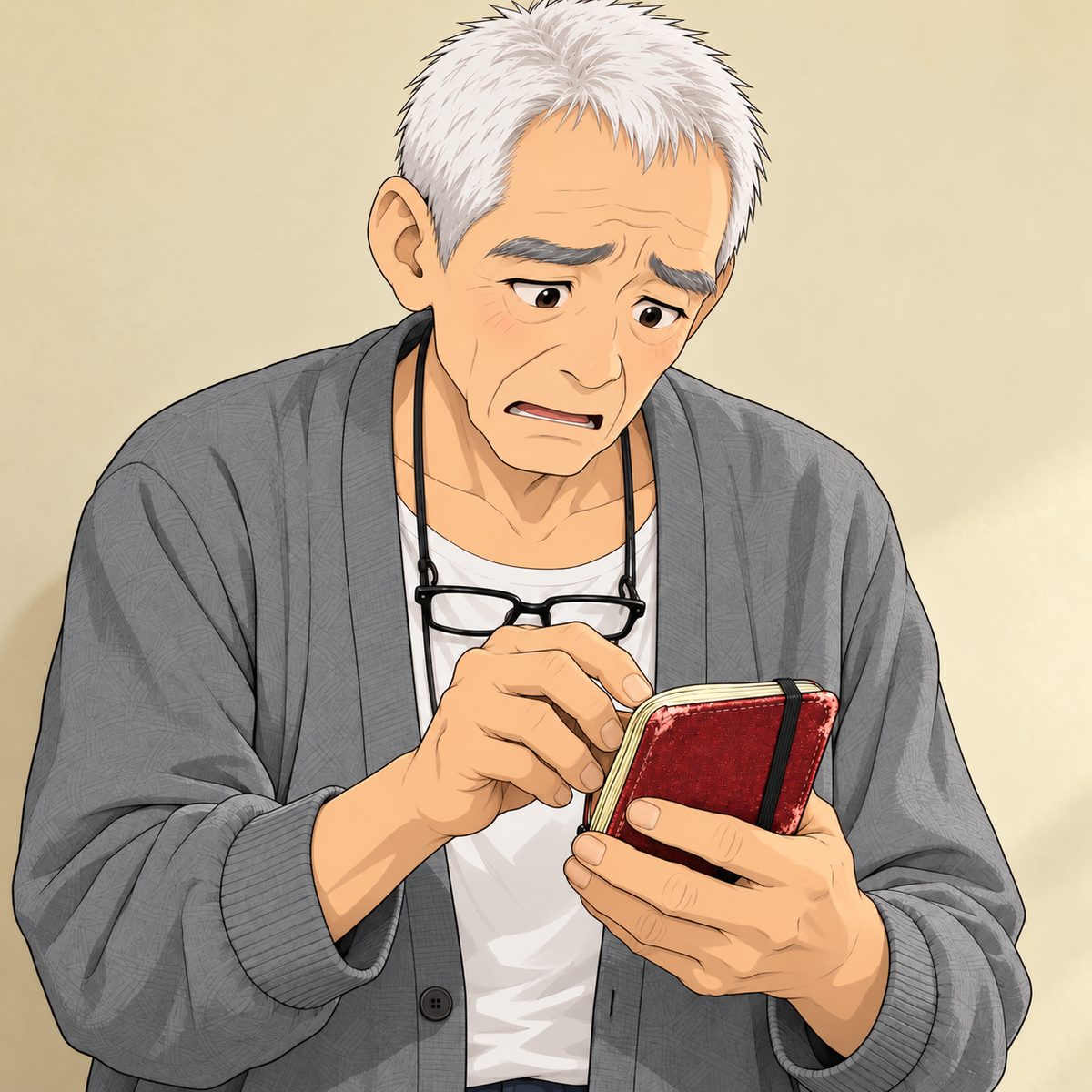 Afternoon (the same time as the panel before). Grandpa, breathing hard, pulls the small notebook from his RIGHT cardigan pocket and flips through it with trembling fingers, holding it close to himself: the pages face him, turned away from us, NOT readable; we see only the worn cover and page edges. His face is frightened and desperately concentrating. Glasses on the cord at his chest, NOT on his face. Plain wall behind him.