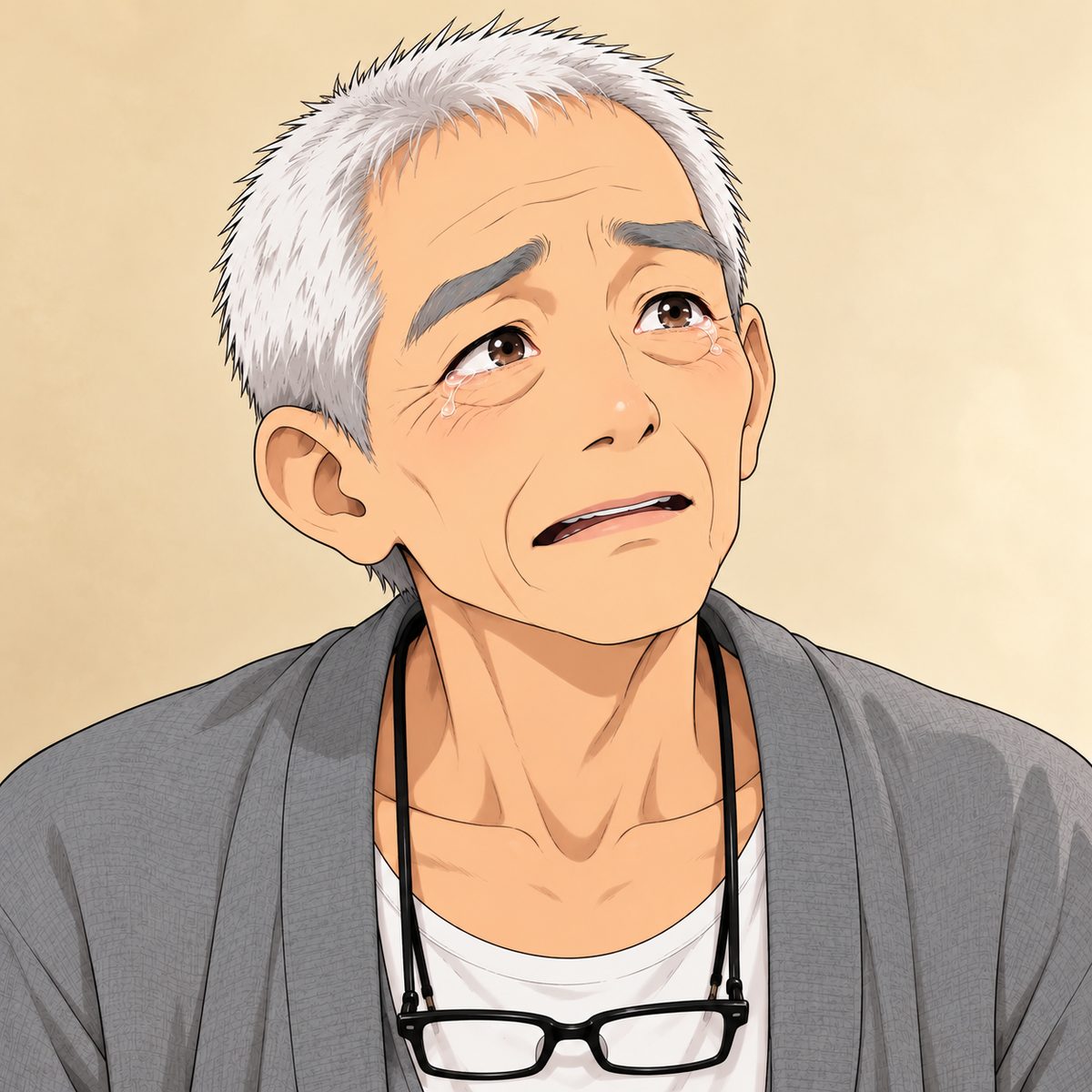 Afternoon (the same time as the panel before). Grandpa's face crumples from fear into recognition and sorrow: eyes wet, brows lifting, mouth soft. The notebook is out of frame. Plain soft background.