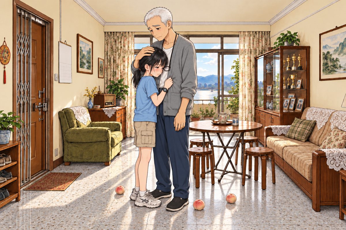Xiaoyu cries into Grandpa's cardigan; her head reaches his chest, her face half pressed against it, one wet eye and cheek visible. Two clear outlines, his and hers, NOT melted into one shape. He pats her head awkwardly with one big hand, his own eyes wet: sorrowful and ashamed. Exactly three peaches on the floor around their feet. The plain wall above them is the quiet area.