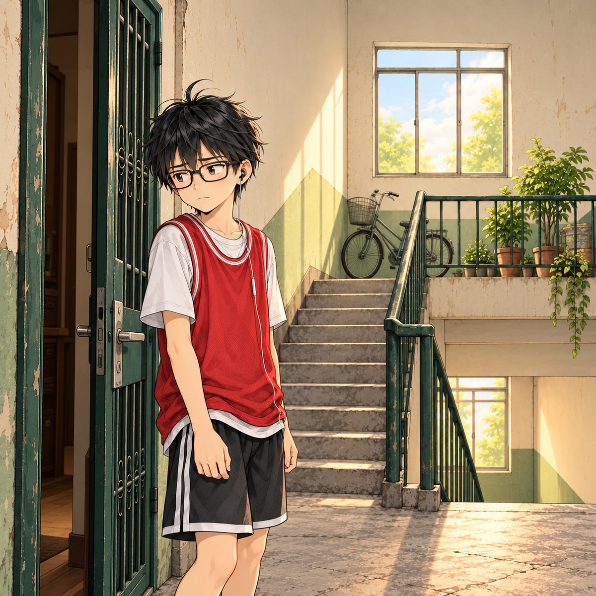 Haoran stands on the landing at Grandpa's half-open front door, having heard; beyond the door only a dim glimpse of the hallway, Grandpa and Xiaoyu NOT visible. He quietly steps back and does not go in: sober, uneasy, moved. The stairwell wall is the quiet area.