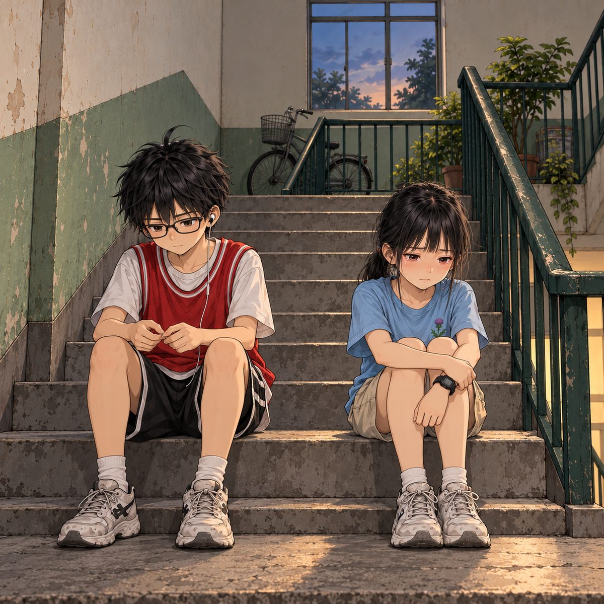 Evening. Haoran (left) and Xiaoyu (right) sit on the same stair step a little apart, one body's width of clear step between them, knees up; seated, his head is half a head higher. Her eyes are red, tired and sad; he looks at his hands, awkward. Dim light from the high window; the wall above them is the quiet area. No other people.