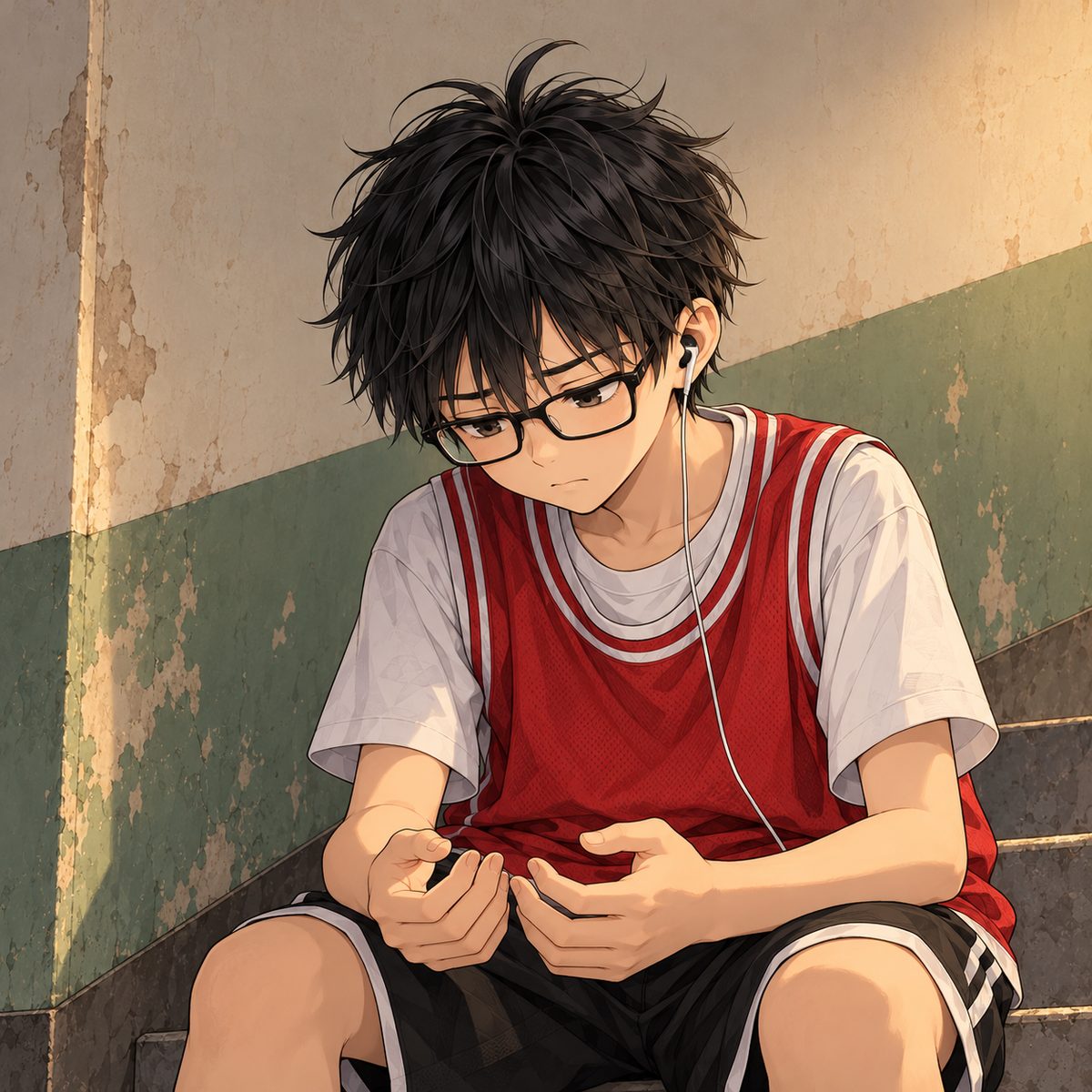 Evening (the same time as the panel before). Haoran looks down at his hands; his know-it-all face is gone, sad and honest, glasses slipping a little. Plain dim wall behind.