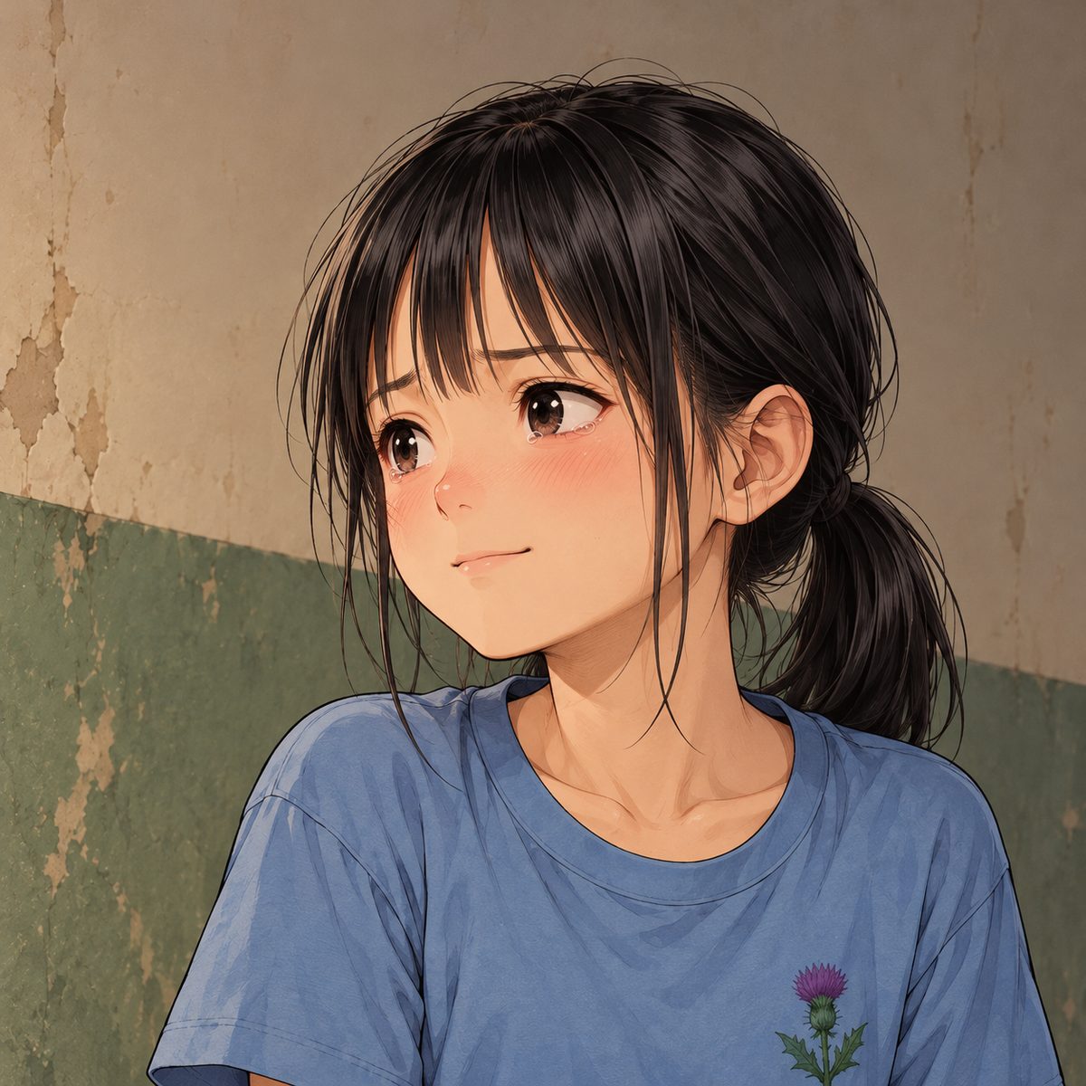 Evening (the same time as the panel before). Xiaoyu turns to the LEFT of the picture, to him, gentle and certain, eyes still red. Her face in the middle of the panel, NOT in the top quarter. Plain dim wall behind.