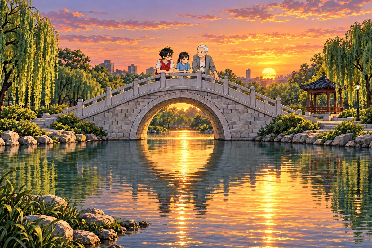 Sunset. THE BRIDGE WORKS LIKE A REAL BRIDGE: it crosses a narrow arm of the lake from one grassy bank to the other; BOTH ends rest on dry land, each end meeting a paved path on the shore, and the water passes only under the single arch in the middle. NEITHER end goes down into the water. Grandpa, Xiaoyu and Haoran stand at the top of the arch, leaning on the rail on the side towards us, the water gold, willows black against the sky. Xiaoyu reaches Grandpa's chest; Haoran is half a head taller than her. Grandpa points down at the gold water below the bridge, his finger ending on the water; his face proud and remembering. Xiaoyu is curious, Haoran interested. The sky is the quiet area. No other people.