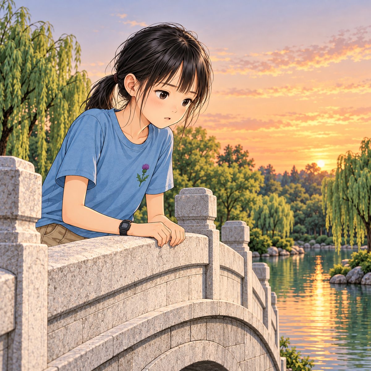 Xiaoyu looks down at the water, puzzled, head tilted. Sunset sky behind her, plain and quiet.
