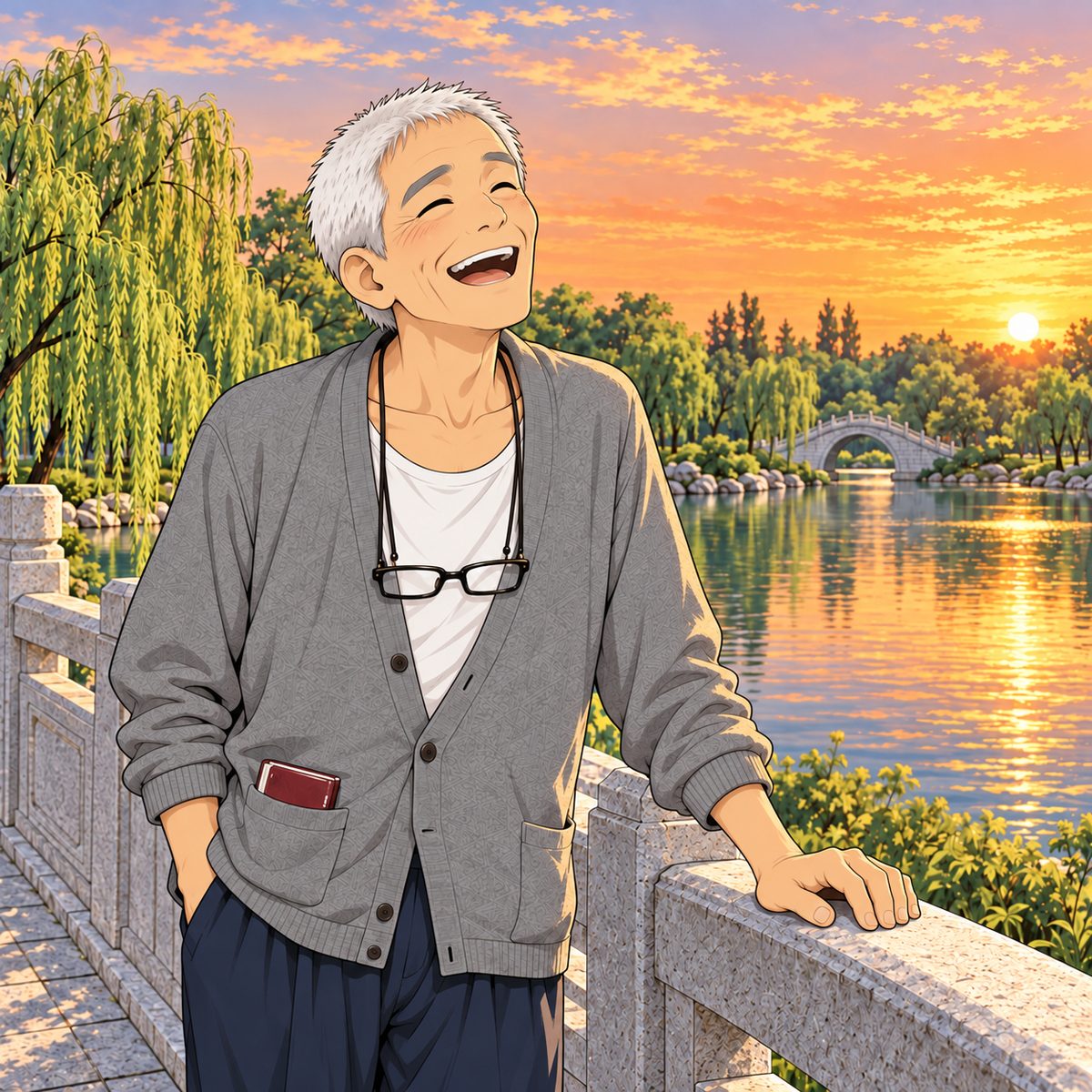 Grandpa laughs out loud, one hand on the bridge rail, head back, delighted. Sunset sky behind him, plain and quiet.