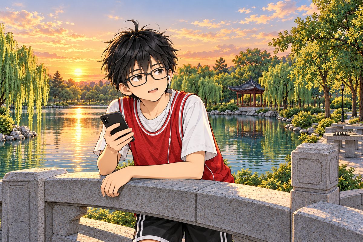 Haoran leans on the rail with his own phone (black case) in hand, the sunset behind him; his face is thoughtful, pleased to explain. The sky is the quiet area.