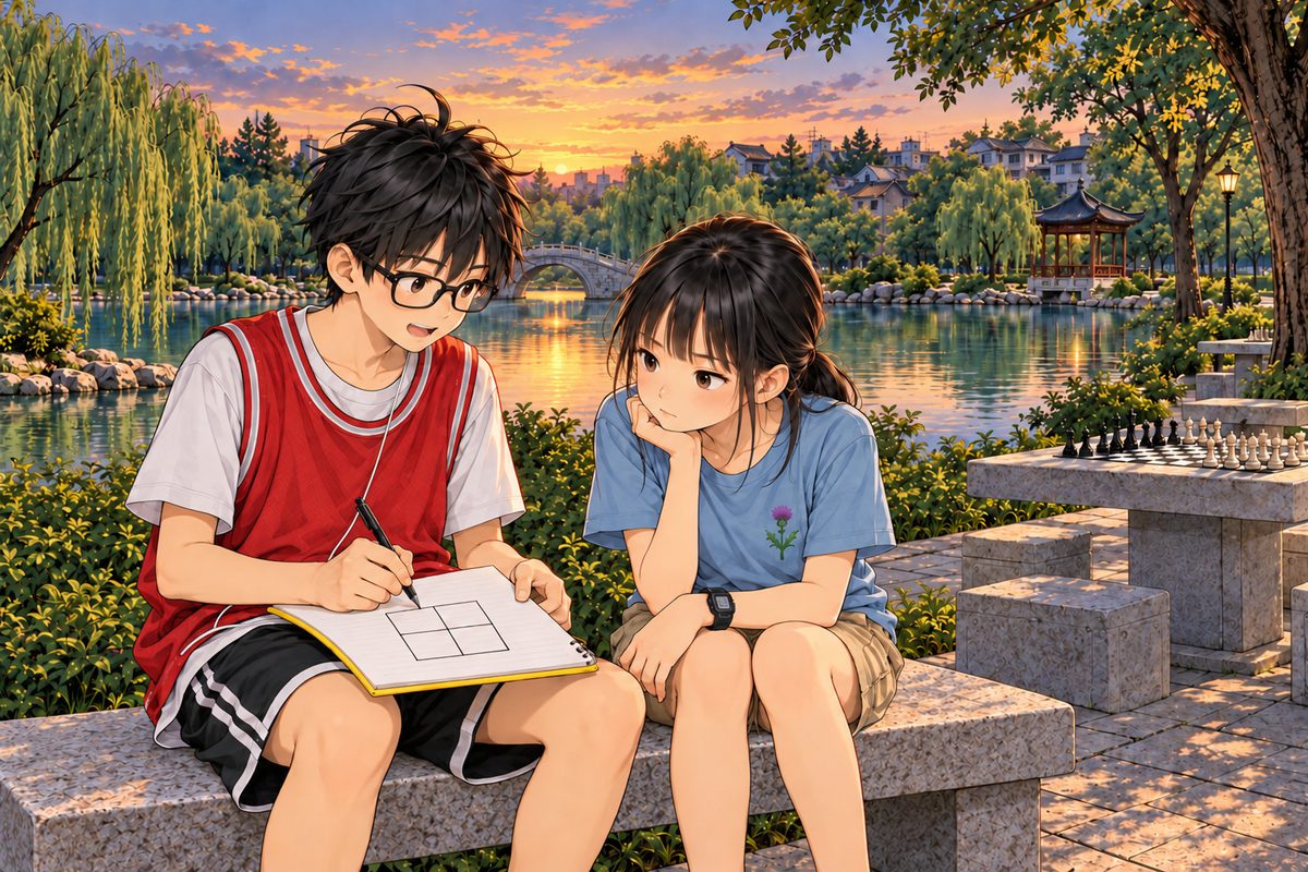 Dusk. Haoran (left) and Xiaoyu (right) on a plain grey granite park bench with no back, like the stone chess tables; seated, he is half a head taller. Haoran draws a plain 2 by 2 grid of four boxes with a pen in a school exercise book with a plain bright yellow cover, NOT Grandpa's small worn dark red notebook; the grid has no words. His face is keen, teaching; Xiaoyu leans in, attentive and a little sceptical. The lake behind is the quiet area. No other people.