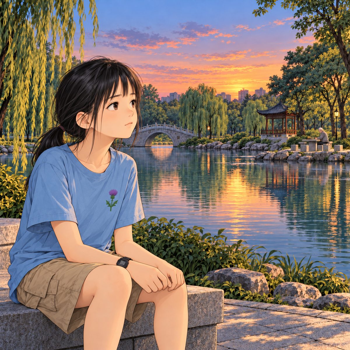 Dusk (the same time as the panel before). Xiaoyu looks up from the grid across the lake towards the chess tables, where Grandpa sits tiny in the distance, the only figure there, known by his white hair and grey cardigan; her look leads straight to him. Her face is tender and wistful. The calm lake between them is the quiet area.