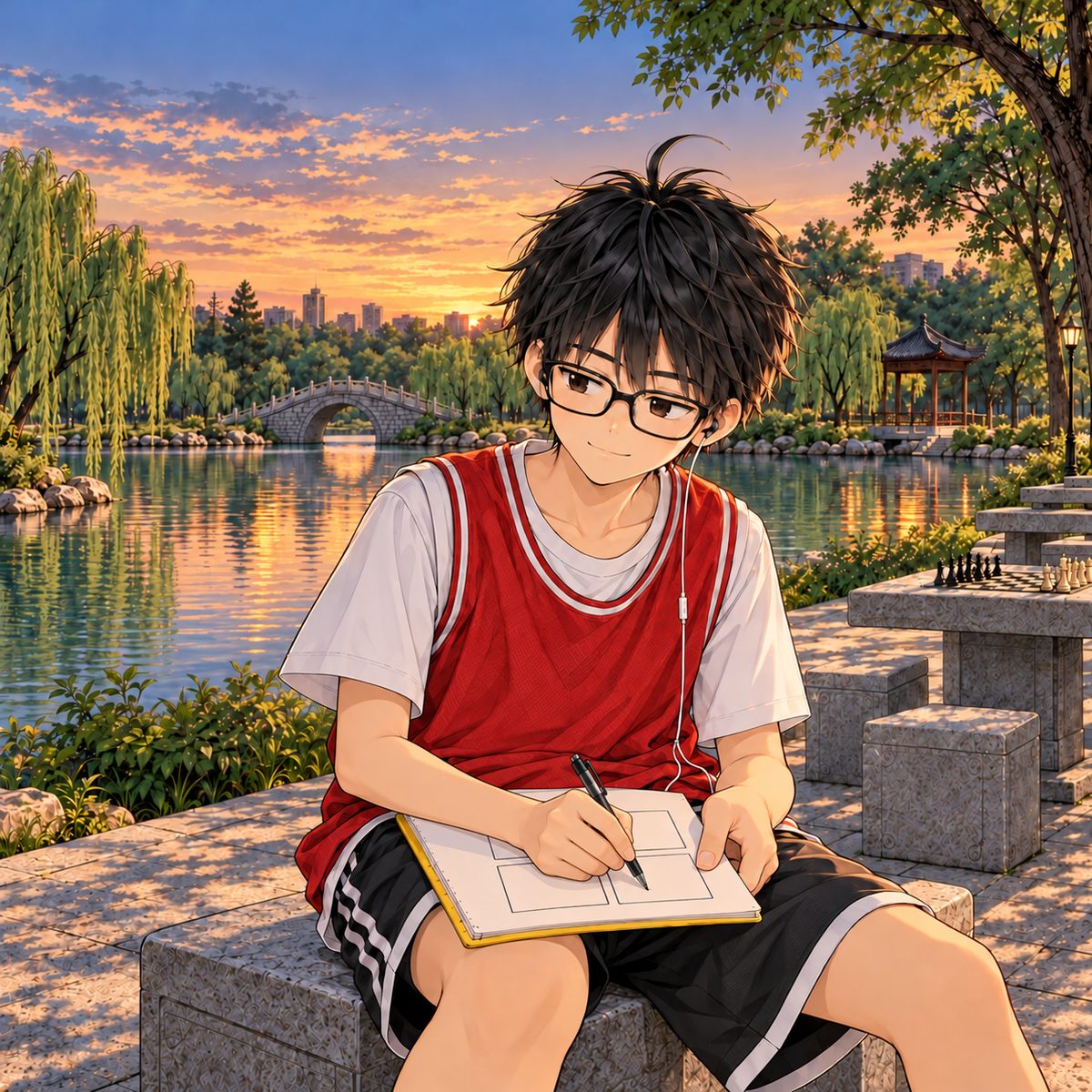 Dusk (the same time as the panel before). Haoran taps the bottom-right box of the four-box grid, drawn in his school exercise book with the plain bright yellow cover, with his pen; the pen tip lands exactly on that box and is the clearest thing. His face is a wry half smile. No words in the grid.
