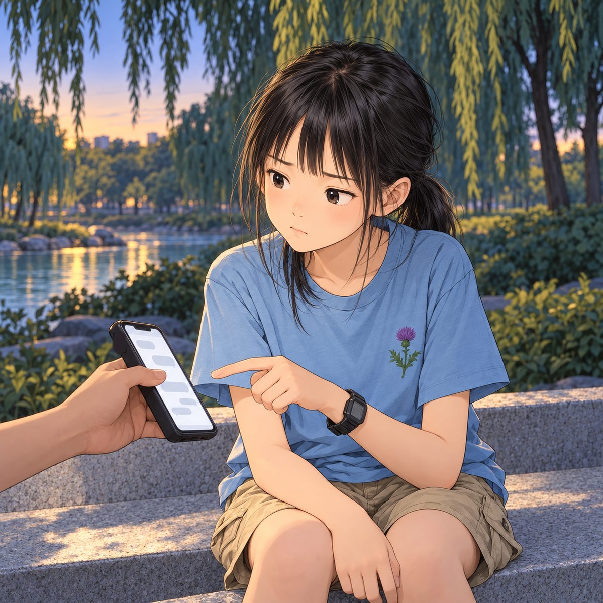 Dusk (the same time as page 15, on the same granite bench). Xiaoyu points at the phone (black case) in Haoran's hand (only his hand and phone at the panel's LEFT edge, where he sits); she looks left, her finger ends on the phone. Her face is curious, a little doubtful. Plain willow shade behind.