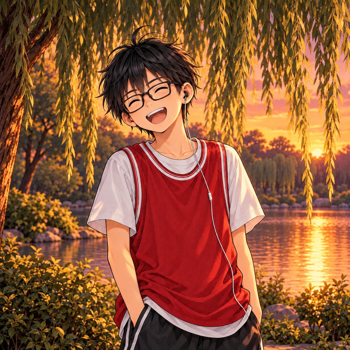 Dusk (the same time as the panel before). Haoran laughs and shakes his head, amused, friendly. Plain willow shade behind.