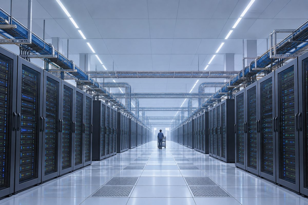 A vast data centre hall: long rows of tall server racks under cool light, cables in trays overhead, one tiny technician far down the aisle for scale, seen from behind. Clean and quiet; the ceiling is the quiet area. No writing on the racks.