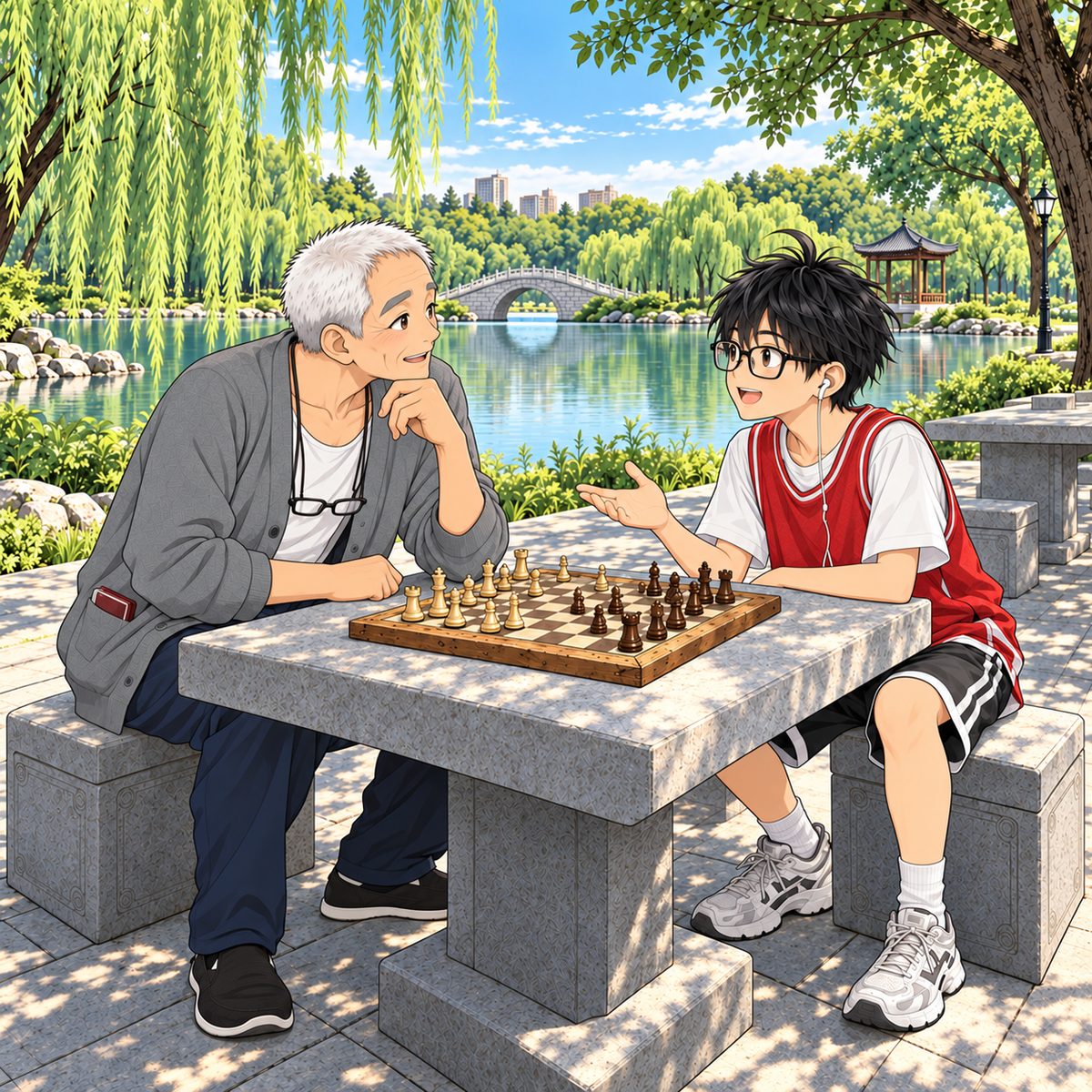Back at the chess tables. Grandpa asks Haoran a question, leaning in, curious and keen. Haoran is pleased to be asked, explaining with an open hand. A Western chessboard between them, pieces on squares. Haoran's laptop is out of frame. The willows behind are the quiet area. No one else.