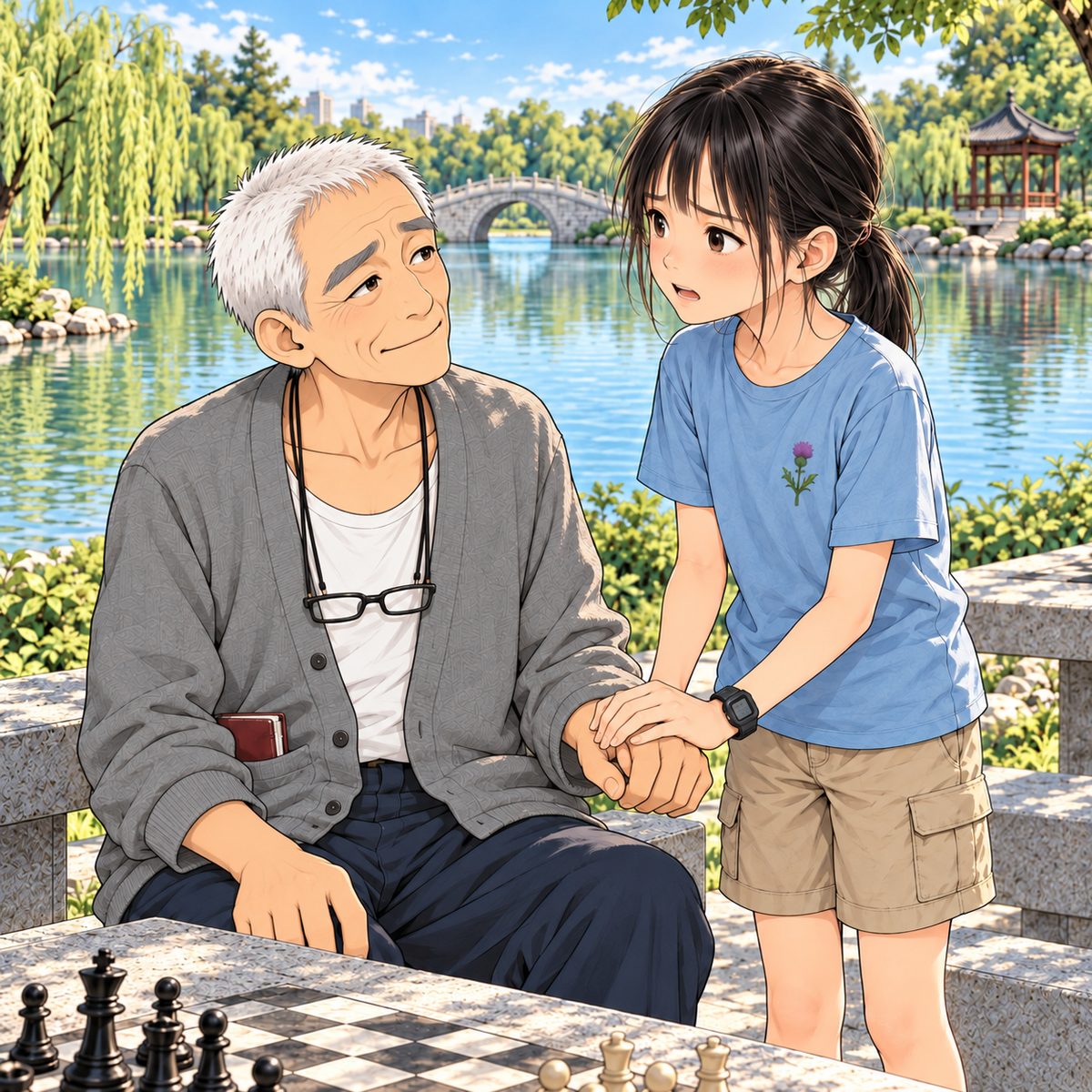 Grandpa smiles wryly, a sad joke under it. Xiaoyu grabs his big hand with both of hers, urgent and upset, searching for a word she doesn't have; standing while he sits, her head is a little above his. The lake behind is the quiet area.