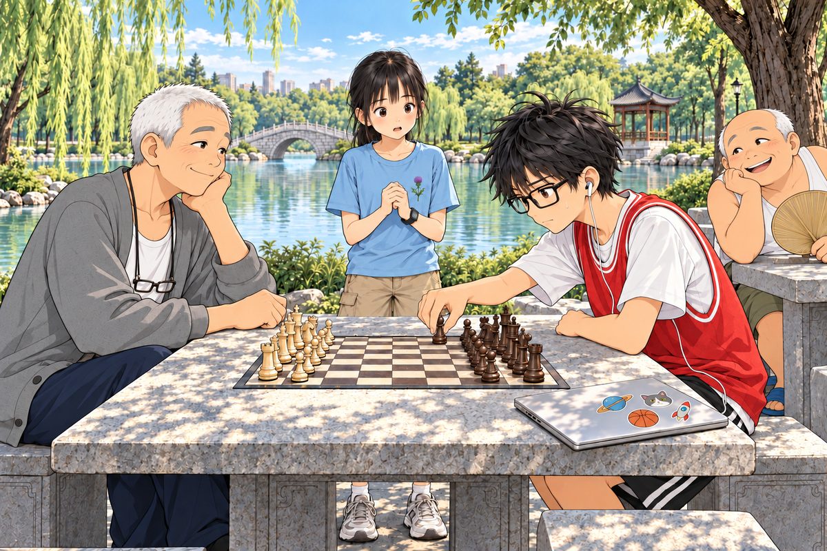 Haoran and Grandpa sit FACING EACH OTHER across the stone table, the Western 8 by 8 board set square between them, each one's own pieces in the two rows nearest him (Grandpa's cream pieces on his side, Haoran's dark brown pieces on his), every piece on its square. Haoran's laptop is shut and pushed to the table's far corner. Haoran sets the last pawns in place; his face is determined, nervous, a little humble. Grandpa is pleased, a sly 