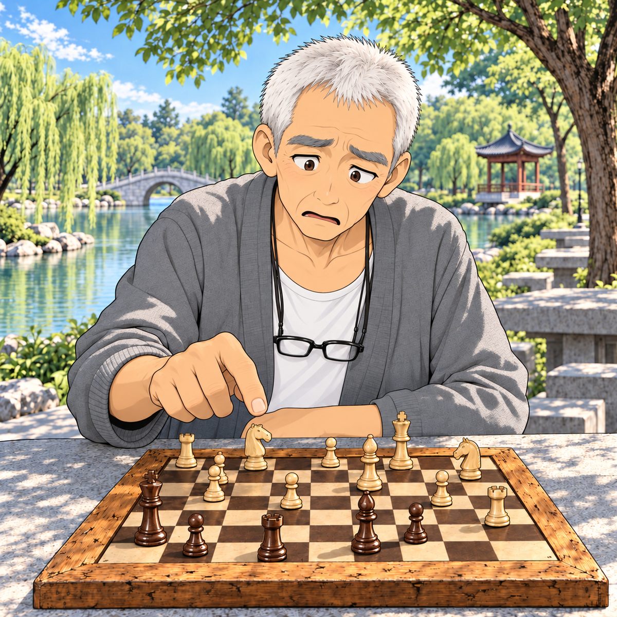 Mid-game. Seen from Haoran's side, so Grandpa's cream pieces are mostly nearest Grandpa and Haoran's dark brown pieces nearest us. Grandpa looks at the board, uncertain, one finger hovering above a piece, NOT touching it: lost, with a flicker of fear. Western pieces standing on squares. Glasses on the cord at his chest. Plain leafy shade behind.