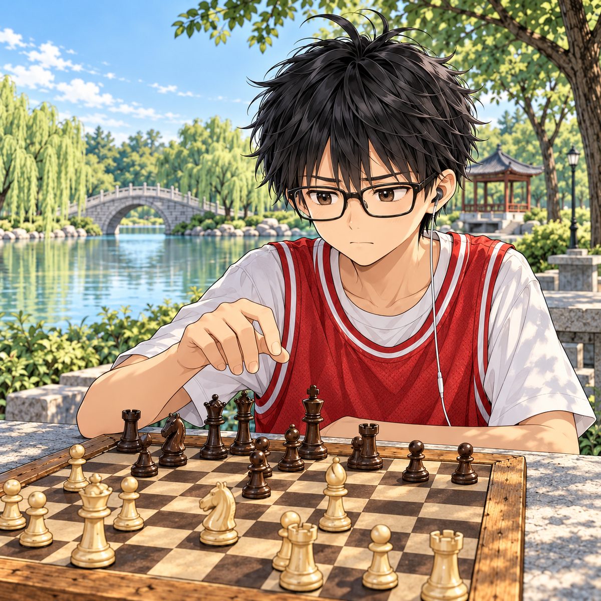 Haoran's hand hovers over his own piece; he could take an extra move. He pulls his hand back: temptation, then decency, a quiet firm face. Western pieces standing on squares. Plain leafy shade behind.