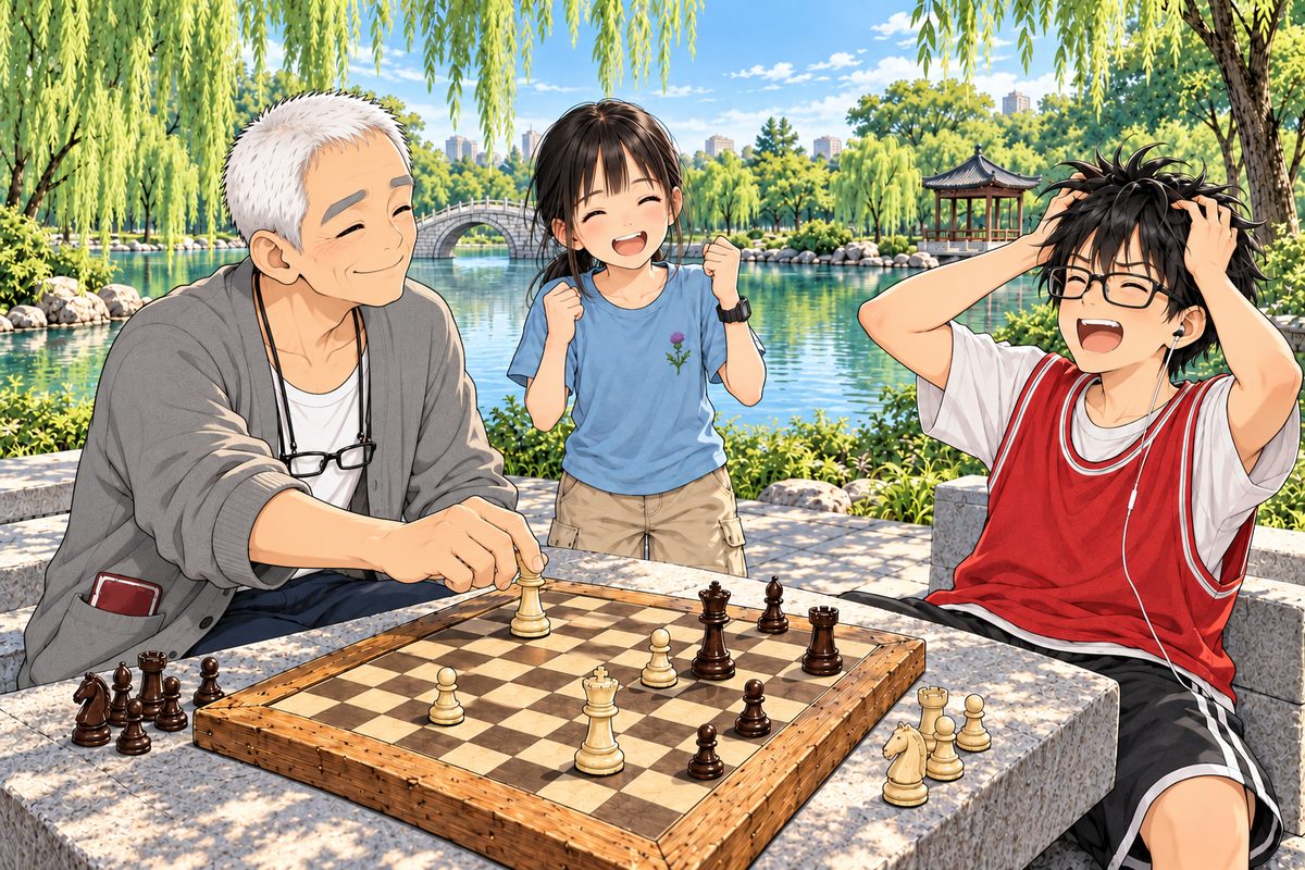 The mate. Grandpa and Haoran face each other across the board. Grandpa's hand lifts off the cream piece that gives checkmate with a quiet click, and Haoran's dark brown king is trapped on its square; a few taken pieces stand beside the board. Grandpa looks calm, quietly pleased. Haoran stares at the board, then bursts out laughing, hands in his hair. Xiaoyu cheers, fists up. Uncle Wu is out of frame. The board is the clearest thing; the willows above are the quiet area.