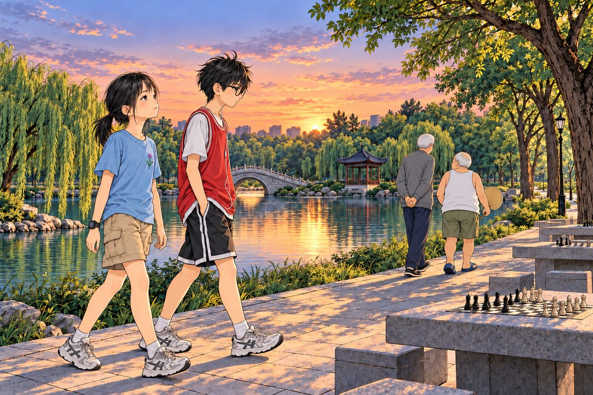 Dusk. Xiaoyu and Haoran walk home side by side along the lake path in the near ground, in profile; he is half a head taller. Xiaoyu is wondering and wistful, Haoran thoughtful and careful. A little ahead on the path at the right, small and seen from behind, Grandpa walks with Uncle Wu, who is round and comes to about Grandpa's shoulder. The dusk lake and sky are the quiet area. No other people.