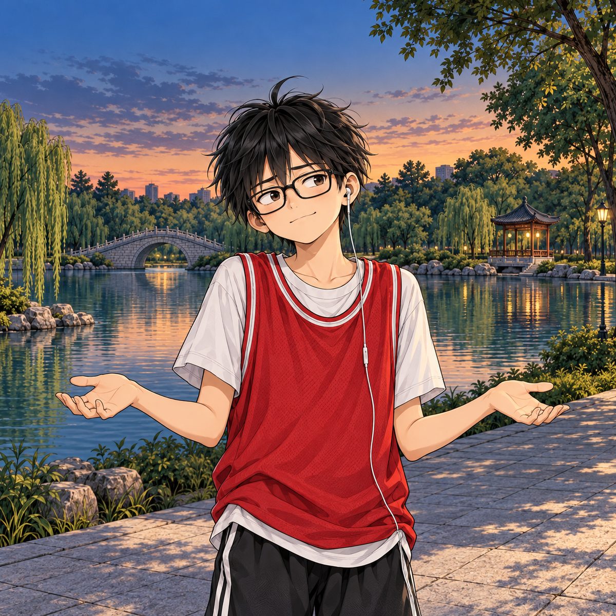 Haoran shrugs, honest for once, a small rueful smile. The dusk lake behind him is plain and quiet.