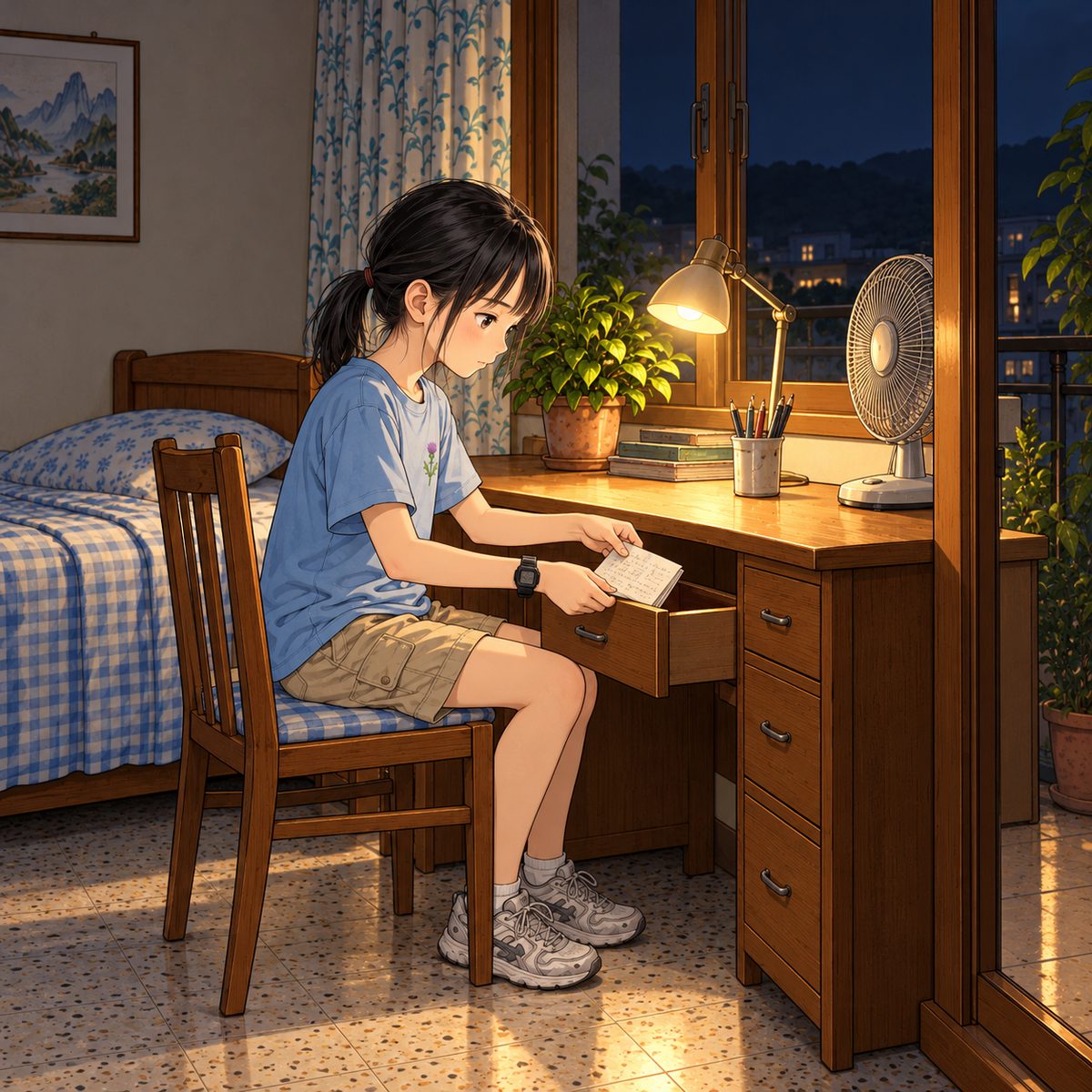Night. Xiaoyu folds the pencilled toast sheet from page 10 in half (faint pencil scribble lines, NOT readable) and puts it in the desk drawer; her face is calm, a small resolve. The desk lamp lights her hands; the dark window is the quiet area.