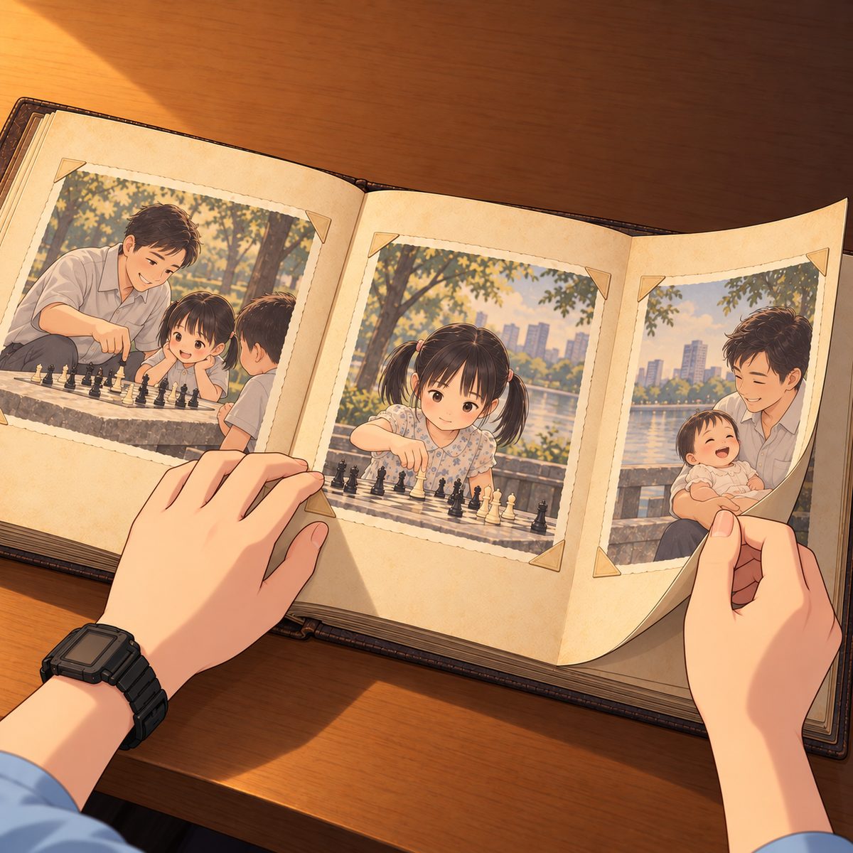 Night (the same time as the panel before). Xiaoyu's hands turn the pages of Grandpa's old photo album. Three small faded old photos (soft sepia and pale colour, worn white borders) on the open spread, as soft simple shapes; in them Grandpa is a YOUNG man of about forty with thick BLACK hair, NOT grey: young Grandpa teaching children chess in the park; Grandpa holding a baby on the new lake's bank; and, clearest and in the middle, a little girl in pigtails, her mother, at the chess table. No captions or writing on the pages. The plain desk around the album is quiet.