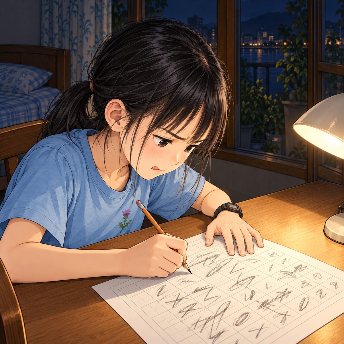 Night (the same time as the panel before). Xiaoyu writes big, uneven Chinese characters on a sheet of squared practice paper (white with a pale green grid of squares), crossing out, starting again, her tongue between her teeth, concentrating and determined; her face in partial profile. The marks are scribble strokes only, NOT readable characters. The desk lamp lights the paper; the rest is dark and quiet.