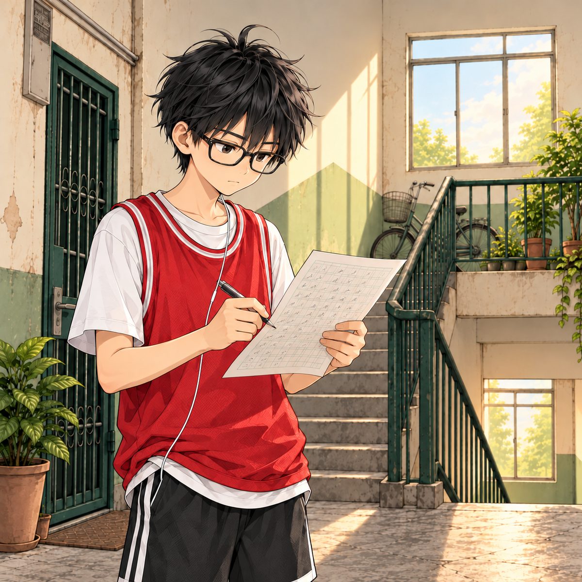 On the landing, Haoran reads her sheet of squared practice paper (white with a pale green grid of squares) with a pen in his hand, serious and careful, the pen tip on one spot of the sheet. The sheet shows scribble strokes only, NOT readable. The stairwell wall is the quiet area.