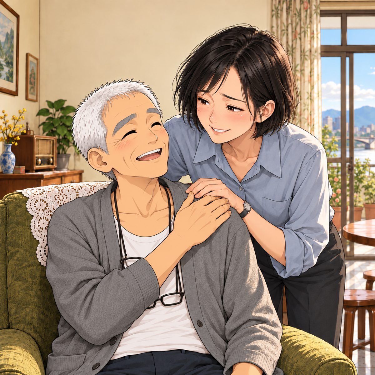 Mama, standing behind him, rests her right hand on his left shoulder; Grandpa reaches across his chest with his right hand and pats the back of her hand, an everyday gesture, both arms turning the way real arms can; he beams, delighted to know her at once. Mama leans down beside him, moved and relieved, eyes shining. Late afternoon (the same time as the panel before), warm low sunlight; the plain wall behind them is quiet.