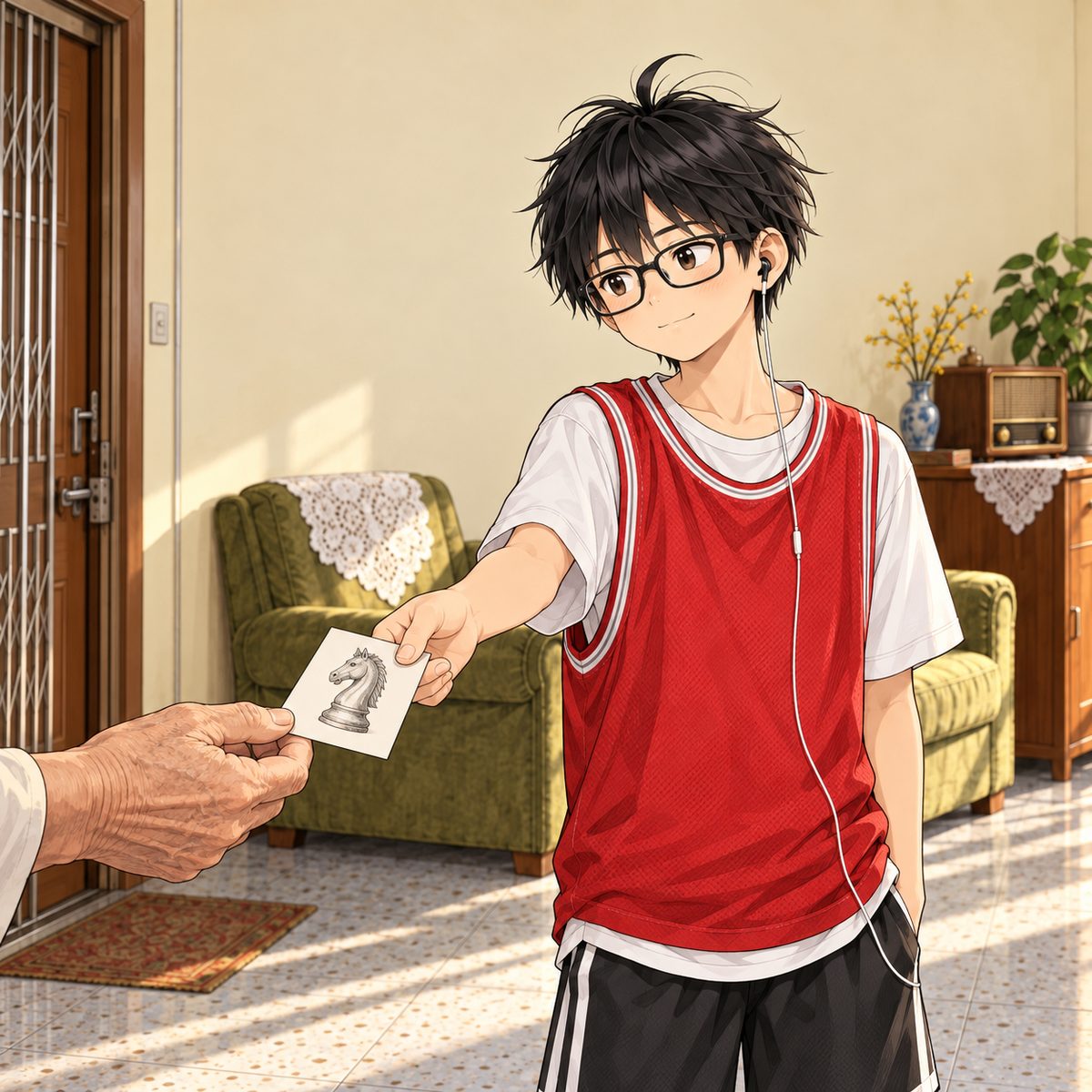 Haoran hands Grandpa a small card with a simple drawing of a chess knight on it, no writing; only Grandpa's big hand reaches in at the panel's LEFT edge to take it; Haoran looks left. Haoran is a little shy and proud. Plain wall behind.