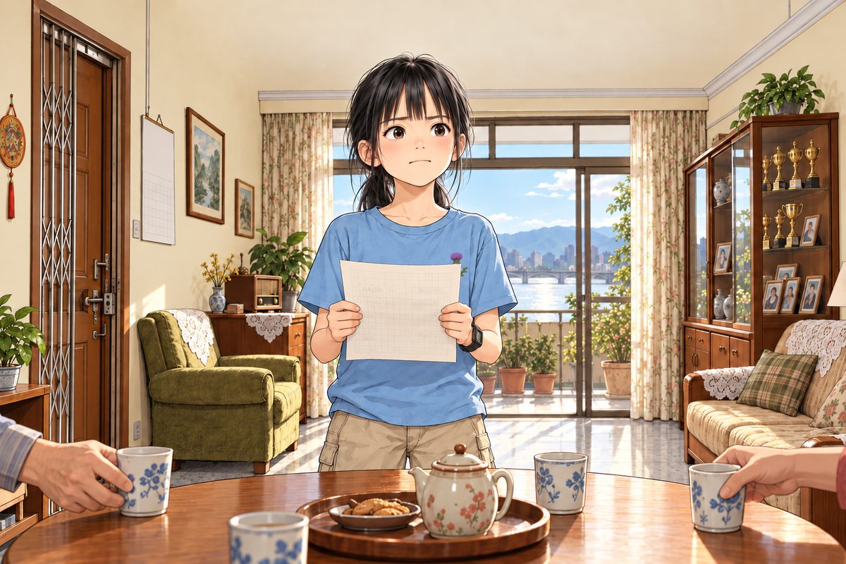 Xiaoyu stands up at the table with her sheet of squared practice paper (white with a pale green grid of squares), which shakes in her hands; the sheet faces her, only faint pencil marks showing through its back, NOT readable. Her face is nervous but brave, chin up. At the panel's edges only hands lowering glasses to the table, no other faces. The room goes quiet; the wall behind her is the quiet area.