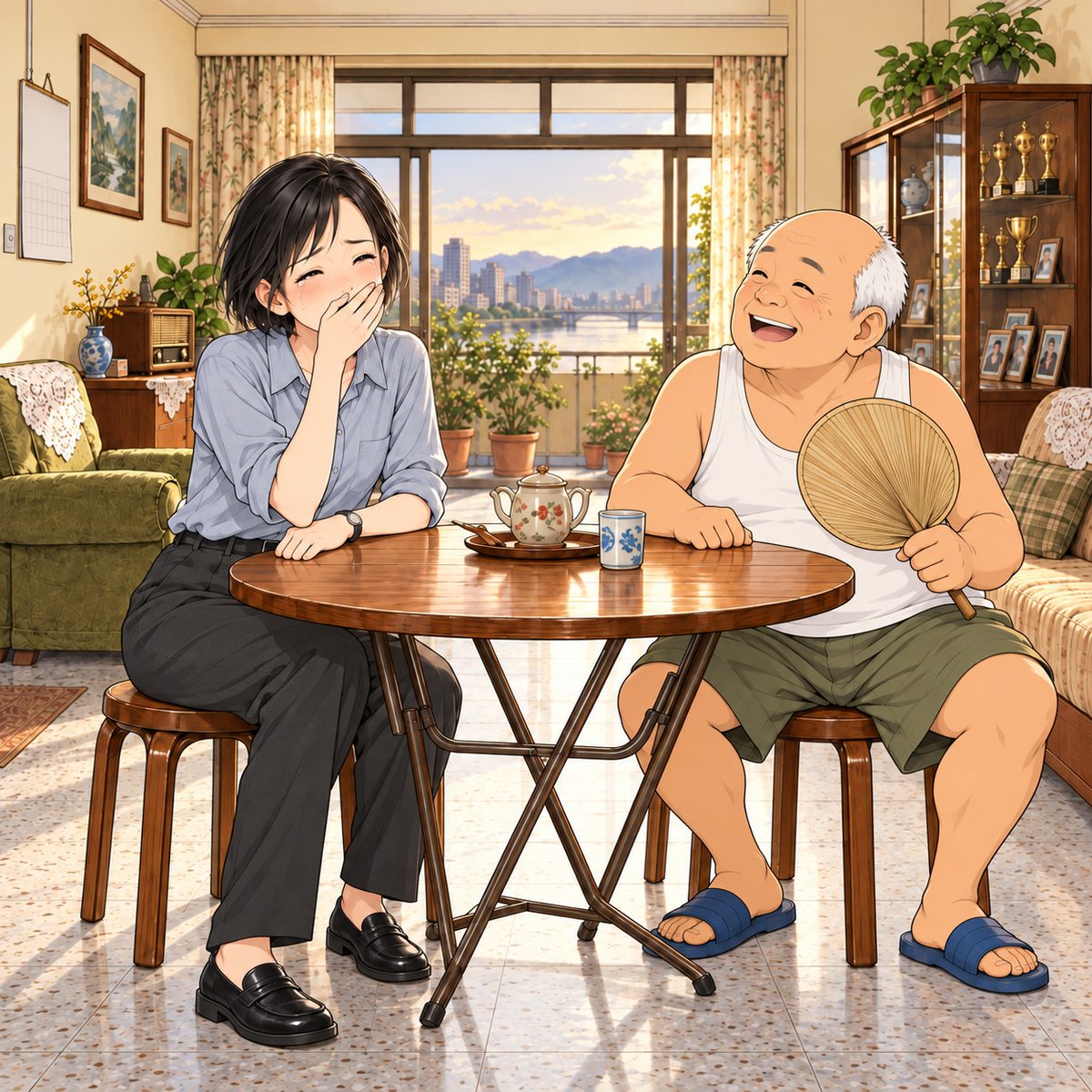 Gentle laughter round the table. Uncle Wu chuckles warmly; Mama, seated now, covers her mouth, eyes shining with happy tears. The sunlit wall behind them is quiet.