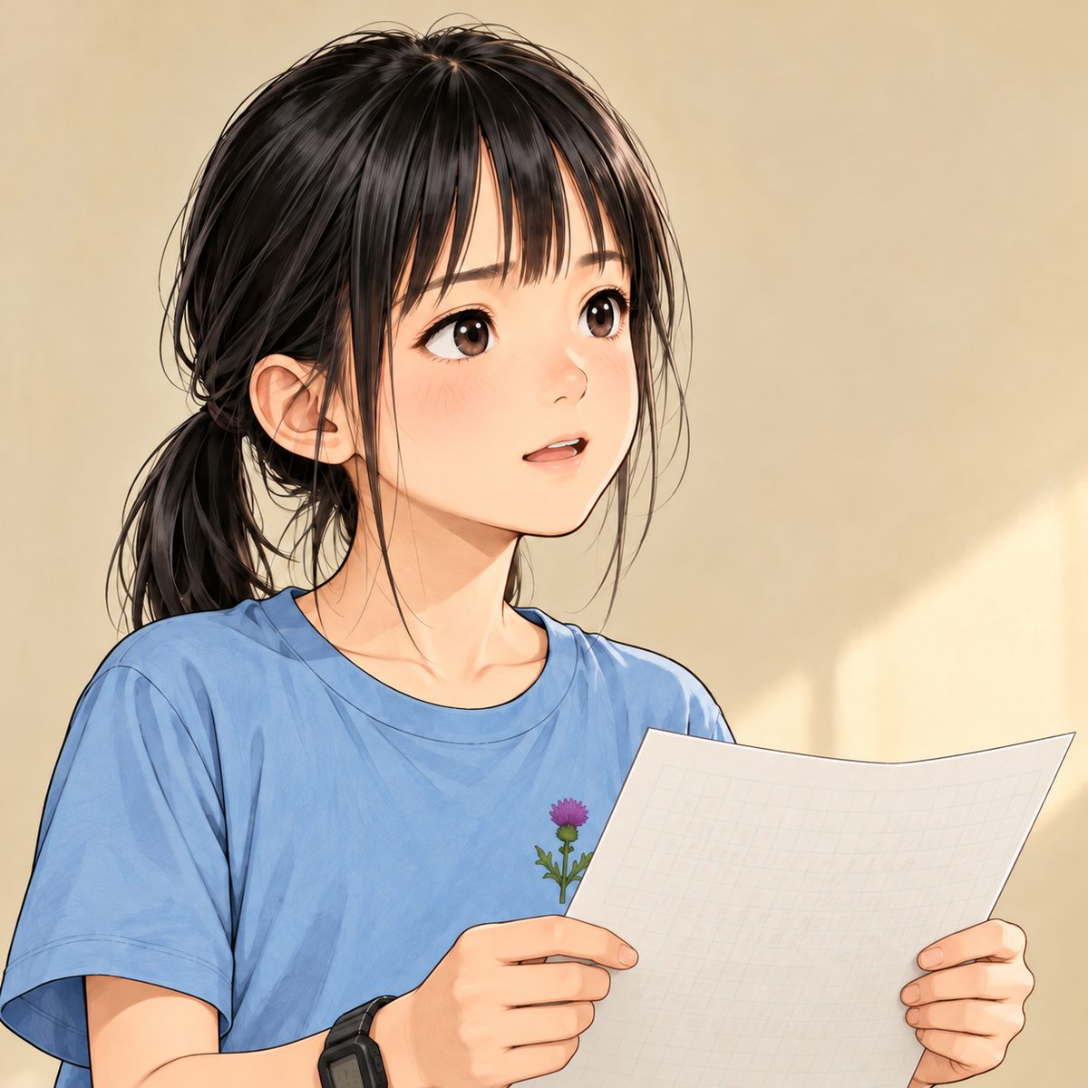 Xiaoyu lowers her sheet of squared practice paper (white with a pale green grid), its written side towards her so we see only its plain back, and looks straight at Grandpa, off panel to the right, speaking without it now: steady, tender, brave. Plain wall behind.