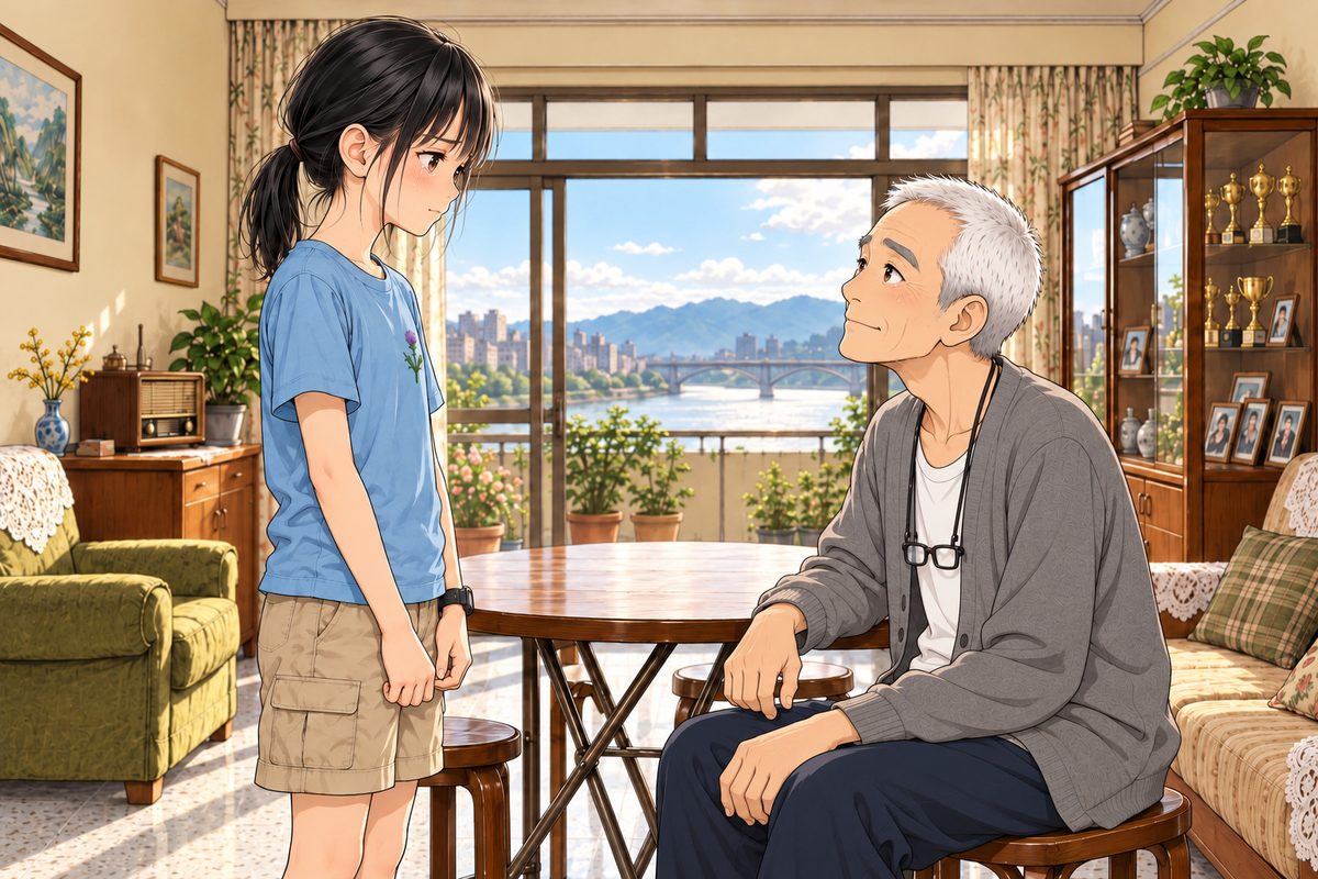 Xiaoyu and Grandpa face to face across the corner of the round table. Her eyes are full but her voice is steady. Grandpa is very still: moved, listening with his whole face. Standing while he sits, her head is a little above his. The others are out of frame. The wall above is the quiet area.