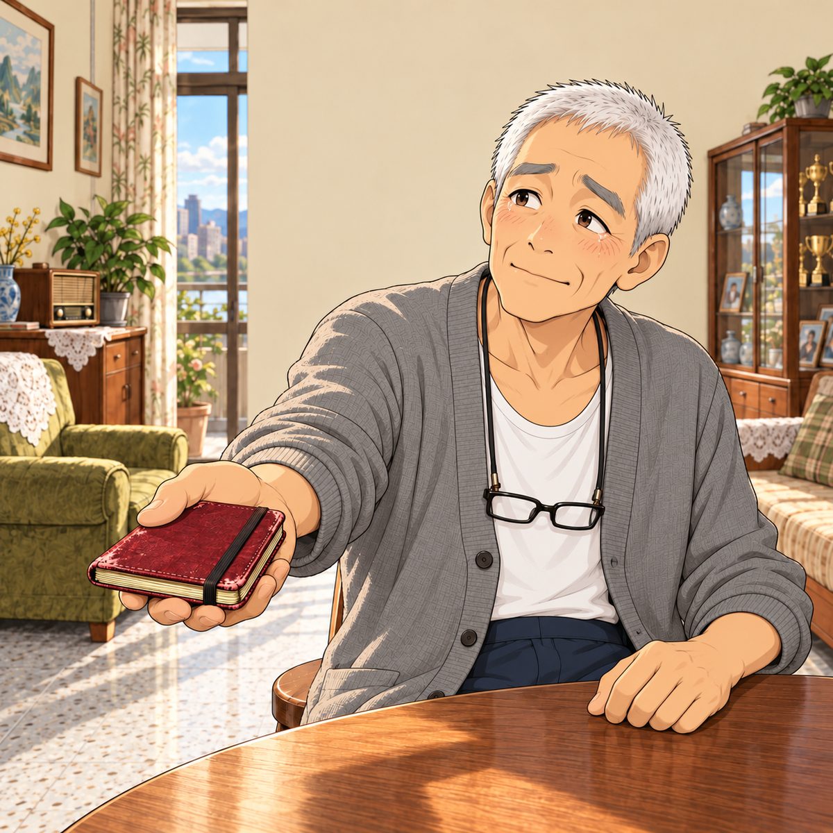 Late afternoon (the same time as the panel before). Grandpa, still SEATED on his stool at the round table as in 20.4, silent, eyes wet, tender and a little shy, takes the small worn notebook from his RIGHT cardigan pocket and holds it out, closed, cover up, NOT open, towards Xiaoyu off panel to the LEFT, looking left. The notebook is the clearest thing. Plain wall behind.