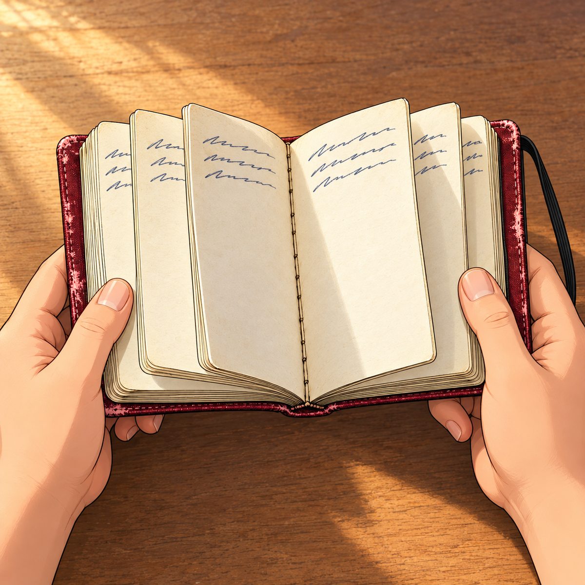 The notebook open in Xiaoyu's hands, its pages fanned so several pages show: every page has the same few short lines at the top in an old man's careful hand, the same shape page after page, drawn as soft pencil scribble, NOT readable. Her fingers hold the covers at the edges, clear of the lines. The table around it is plain and quiet.