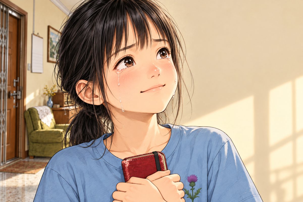 Xiaoyu looks up from the notebook to the RIGHT, towards Grandpa off panel, tears running, a wobbling smile: overwhelmed, loved. The notebook's edge shows at the bottom of the panel, closed against her chest. Plain soft background.