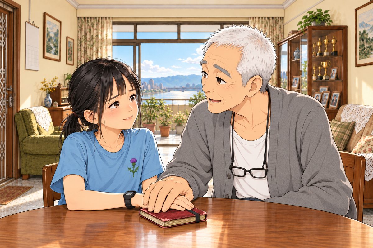 Grandpa leans towards Xiaoyu and speaks slowly and simply, so she can understand every word, the palm of his big hand resting on the back of her hand, which lies on the closed notebook; his face is tender, proud and clear. Xiaoyu is tearful, listening, beginning to smile. Glasses on the cord at his chest. The wall above them is the quiet area.