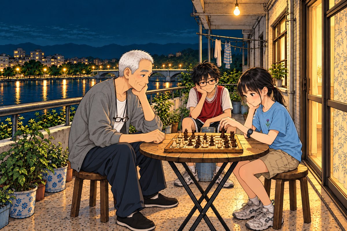 Late that night, on the balcony under the bare bulb, which glows and lights the board, Grandpa and Xiaoyu play chess on the folding table, sitting FACING EACH OTHER across it, the Western 8 by 8 board set square between them, each one's own pieces nearest them, mid-game, pieces standing on squares, their eyes on the board. Grandpa is calm and content; Xiaoyu relaxed and happily concentrating; seated, her head reaches his shoulder. Haoran sits on an upturned bucket between them a little back, chin in hand, peaceful; no laptop, NOT any screen. The river and the city lights behind; the dark sky is the quiet area. Only these three.