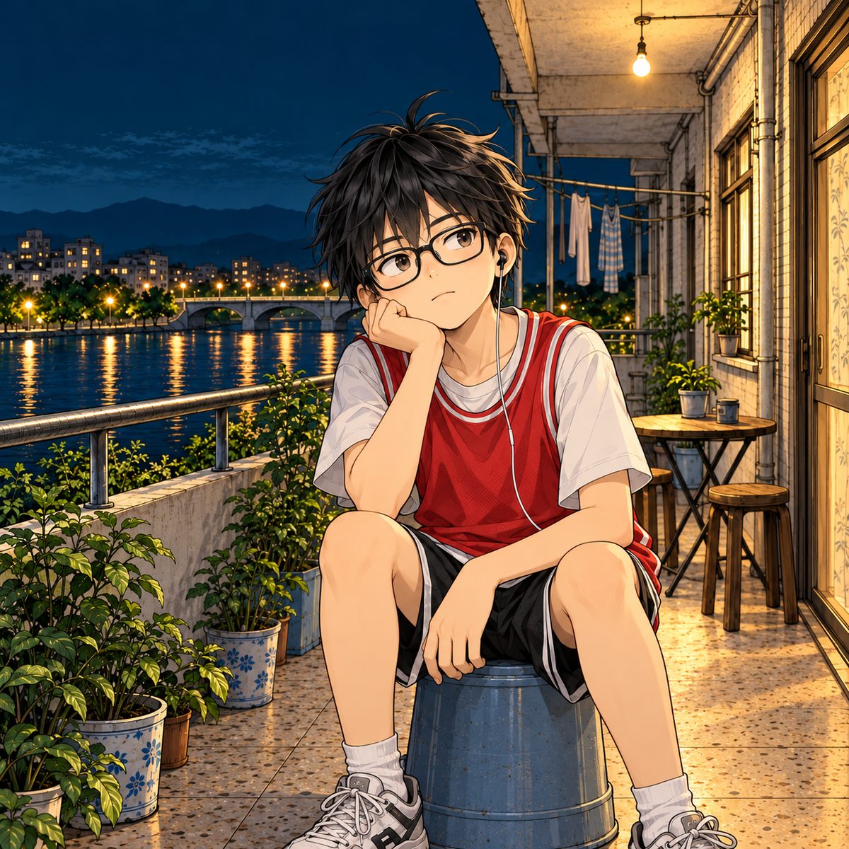 Night (the same time as the panel before). Haoran rests his chin on his hand, thoughtful, curious, open. The dark river behind him is quiet.