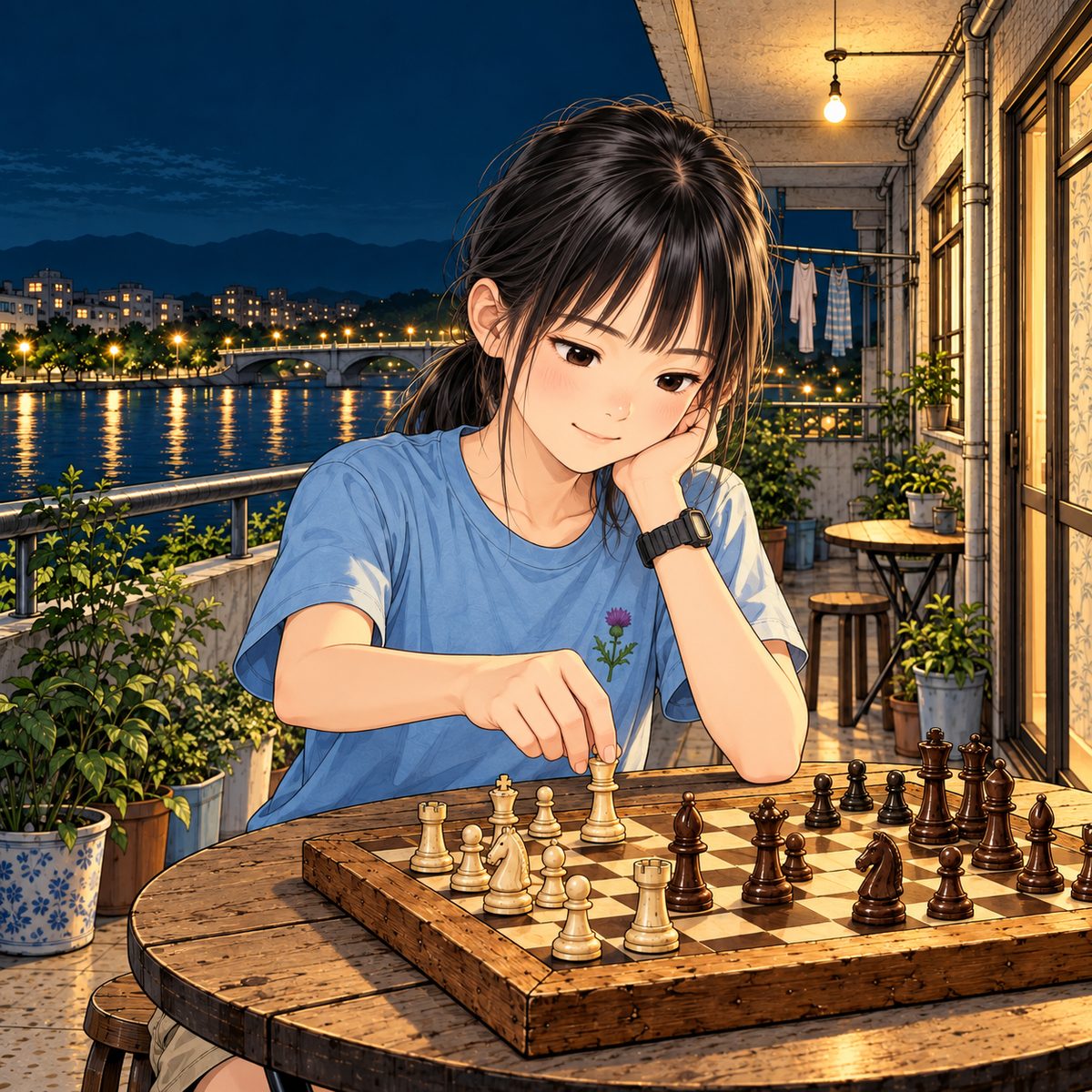 Night (the same time as the panel before). Xiaoyu moves a piece, holding it by its top between thumb and finger and setting it down on a square, thinking, then smiles, quietly sure. The bulb light on her face; the dark sky behind is quiet.