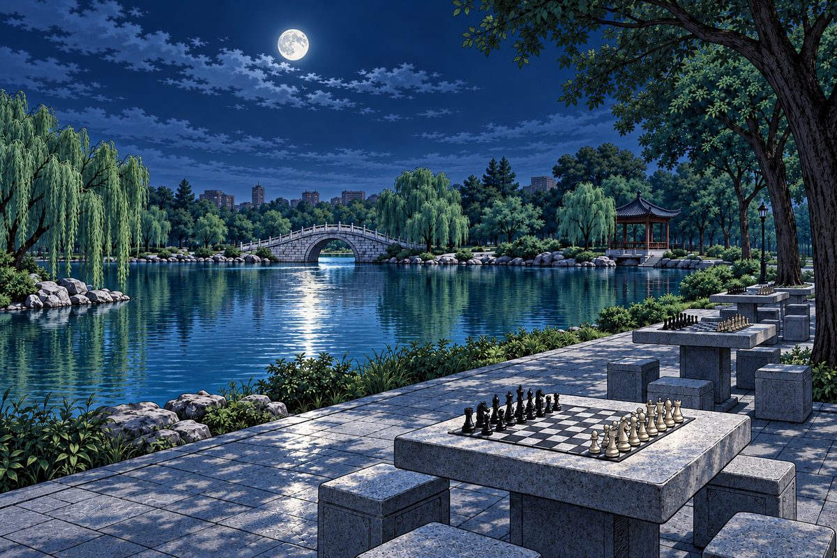 The park at night: the man-made lake under the moon, the willows, the row of empty stone chess tables with their Western boards. Quiet. No people, NOT any figure. The night sky is the quiet area.