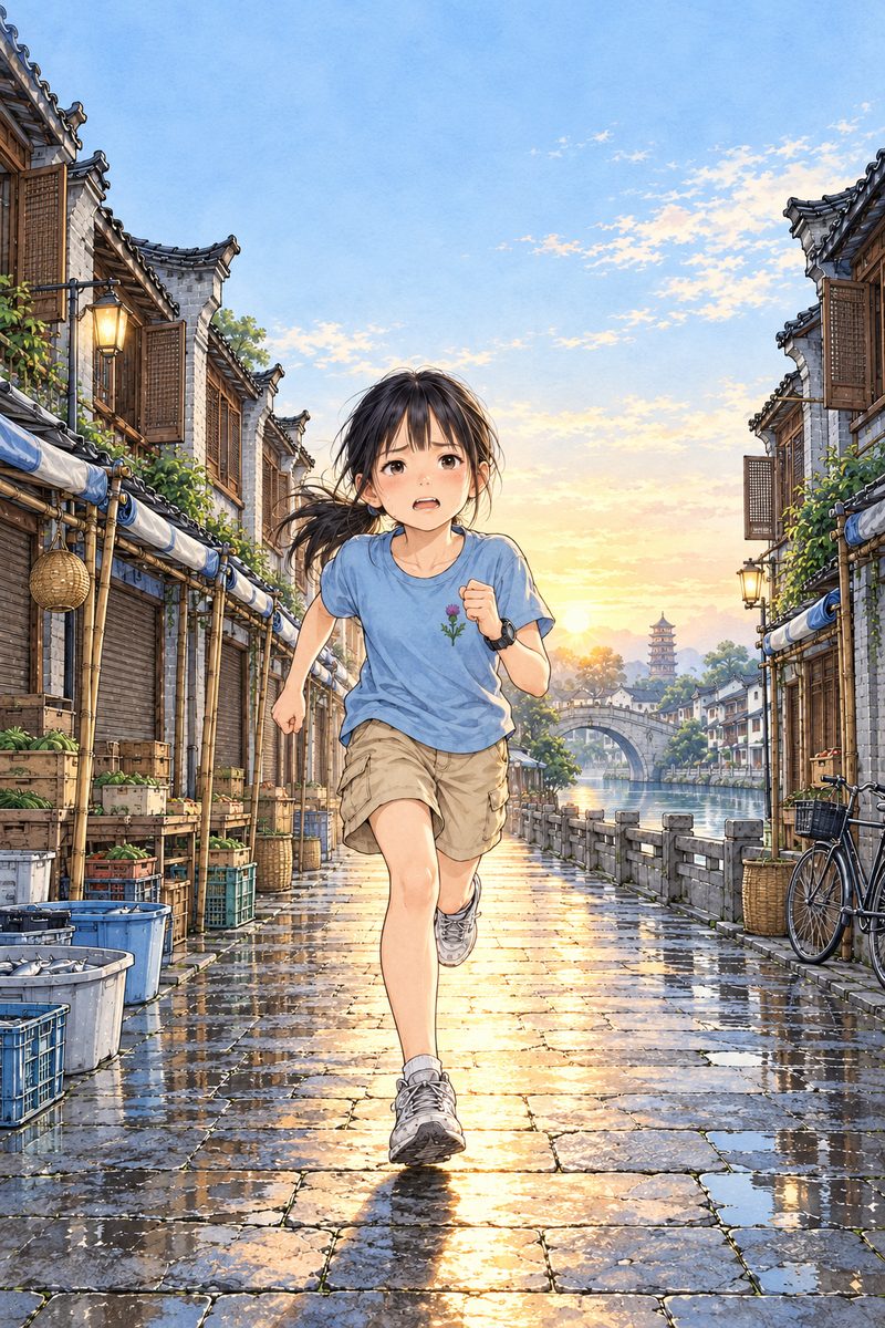 Early morning just after sunrise. The old grey-brick market street is empty, every stall shut, the cloth awnings rolled up, the paving still wet and blue in shadow; at the far end of the street a low gold sun breaks between the tiled roofs and throws one long band of light down the middle of the paving. Xiaoyu, eleven, runs towards us down that band of light, alone, the clearest and warmest thing in the picture: ponytail flying, mouth open with breath, eyes fixed ahead past us, determined and afraid. Her faded sky-blue thistle t-shirt, khaki shorts, white trainers, the black digital watch on her LEFT wrist. Two street lamps are still lit, small and soft. No other people, NOT a crowd, no stall-keepers. The pale sky above the roofs fills the top third, calm, for the title. Signs and shutters carry no writing.