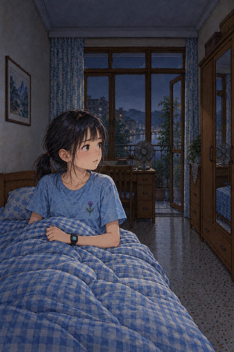 Night, before five in the morning, the room dark except for the faint grey of the window onto the balcony. Xiaoyu has just woken and sits up in the narrow bed, the blue-and-white checked quilt at her waist, listening hard towards the door on the RIGHT of the picture: eyes wide, head turned, very still. She sleeps in her faded sky-blue thistle t-shirt. The small screen of the black watch on her LEFT wrist glows faintly, no numbers painted. The fan is off. Her face sits in the middle of the panel, NOT in the top quarter. The dark wall above her is the quiet area. Only Xiaoyu.