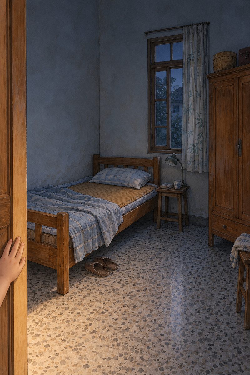 Night (the same time as the panel before), dark, only grey light from the window and the light from the hallway behind the camera falling across the floor. Grandpa's narrow wooden bed is EMPTY: the thin summer quilt thrown back, the bamboo mat bare, the pillow dented. His old slippers stand neatly side by side by the bed; his cloth shoes are gone. His reading lamp is off, no glow. Xiaoyu's small hand on the door frame at the panel's left edge, nothing else of her. No people in the room.