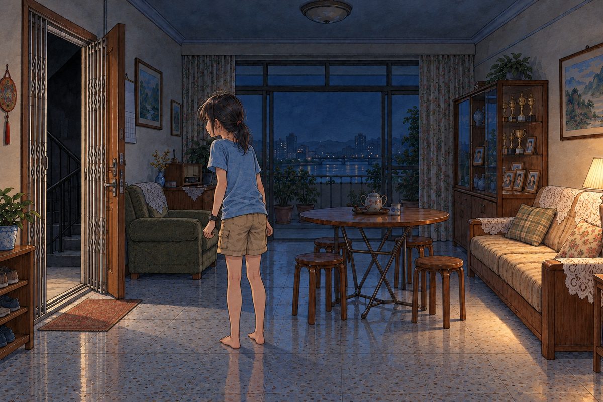 Night (the same time as the panel before). The living room is dark, one small lamp by the sofa now on, its warm light only near it. Grandpa's FRONT DOOR stands WIDE OPEN, and the metal security gate in front of it hangs open too, still moving a little; beyond it the stairwell is black, the landing lamp off. Xiaoyu stands in the middle of the floor, seen from behind, barefoot on the pale terrazzo, in her faded sky-blue t-shirt and khaki shorts, shoulders up, frozen, looking at the open door. Grandpa's olive-green armchair by the radio is empty. The open door and the black stairwell are the focal point. The dark wall and ceiling above are the quiet area. Only Xiaoyu.