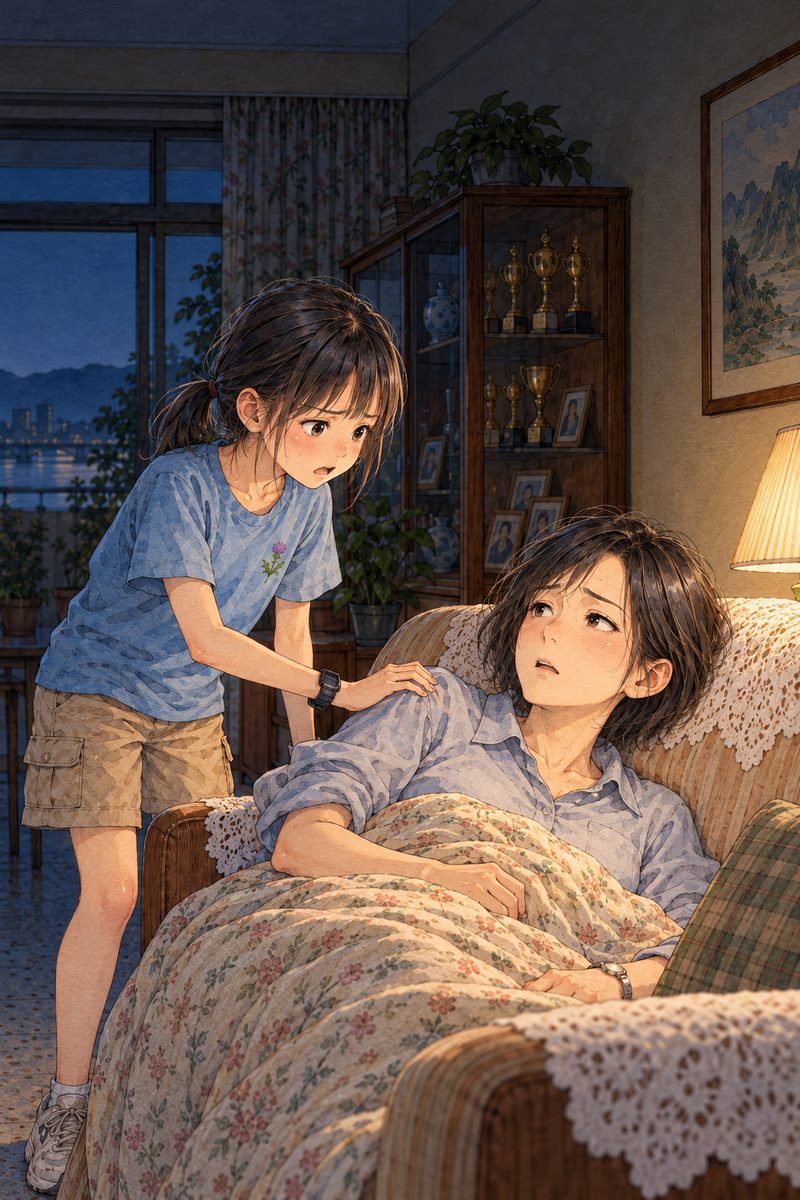 Night (the same time as page 1), one small lamp on beside the sofa. Mama, who flew in for the birthday, has been sleeping on the beige sofa with the white lace covers under a thin cotton blanket, still in her pale blue-grey blouse. Xiaoyu, standing on the left, shakes Mama's shoulder with one hand, leaning over her, urgent and frightened, looking down and to the RIGHT at her. Mama is just opening her eyes. The dark wall above them is the quiet area. Only these two.