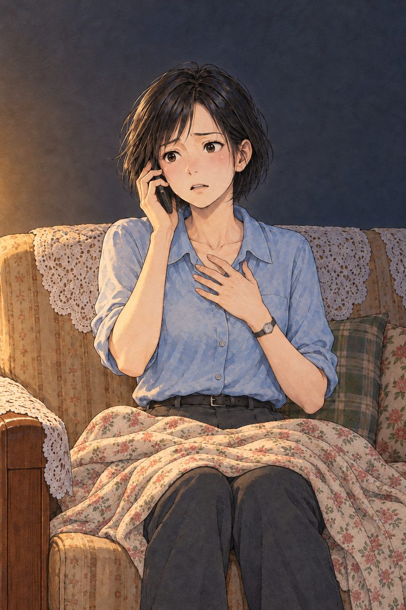 Night (the same time as the panel before), lamplight. Mama sits bolt upright on the sofa, the blanket fallen, her own phone (a plain black phone) held to her ear in her right hand, her other hand pressed flat to her chest; her face is white and frightened, eyes wide, looking at nothing, listening to it ring. Her face sits in the middle of the panel, NOT in the top quarter. Dark wall behind her, plain.