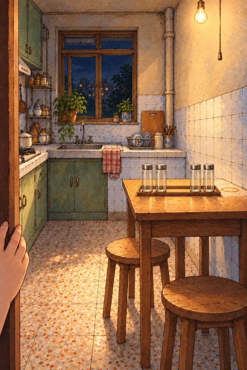 Night (the same time as the panel before). The tiny kitchen is dark; Xiaoyu has pulled the cord of the bare bulb and it glows over the counter. On the counter the tea tray: a row of Grandpa's tall clear tea glasses, four standing, and in the row TWO EMPTY GAPS where two glasses are missing; beside the tray a pale round ring on the counter where the red-and-gold flowered thermos always stands, and NO thermos. The tray and the two gaps are the clearest thing. Only Xiaoyu's hand on the door frame at the panel's left edge, nothing else of her. The plain white tiles above are the quiet area.